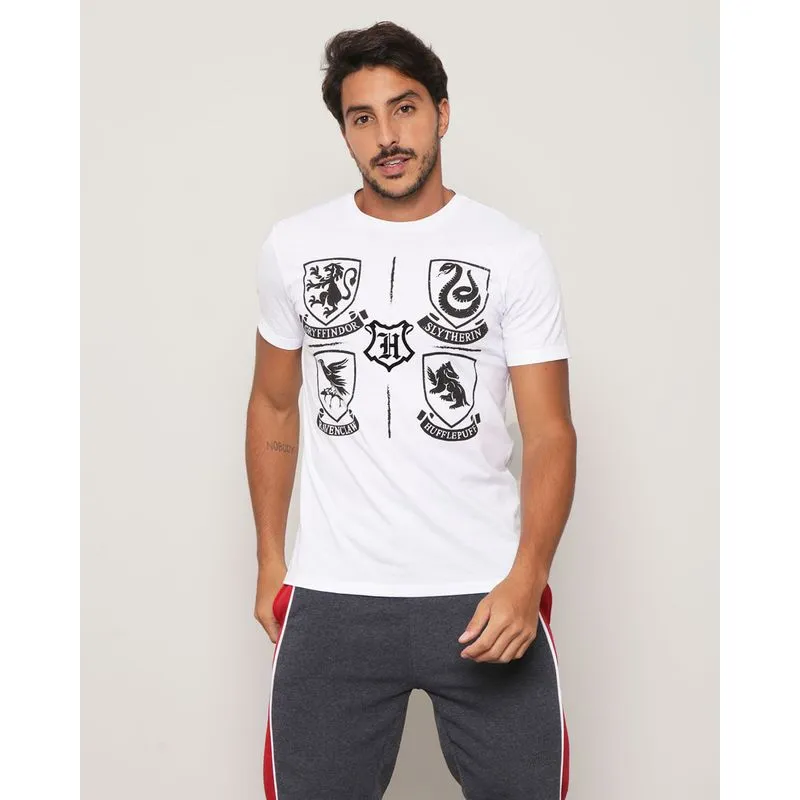 Blusa Masculina Manga Curta Estampada Harry Potter Branca GG