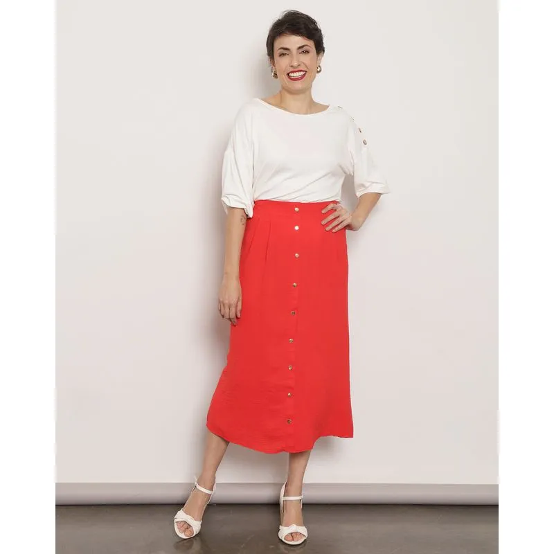 Saia Feminina Berry & Co. Midi Com Botões Vermelha P