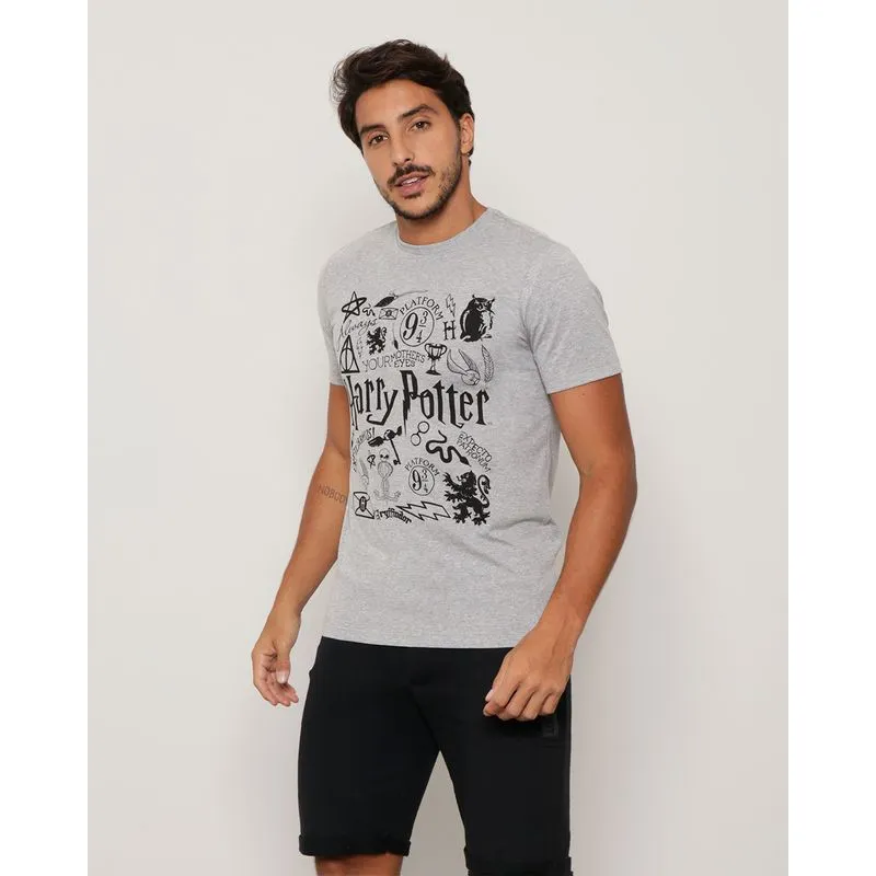 Blusa Masculina Manga Curta Estampada Harry Potter Cinza P