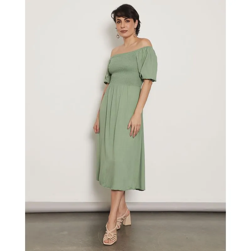 Vestido Feminino Midi Lastex Manga 3/4 Com Babado Verde G