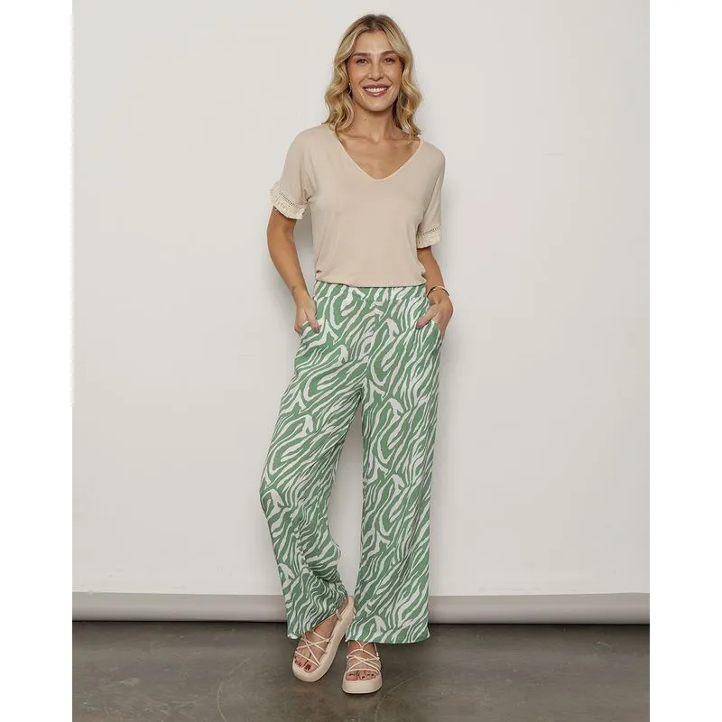 Calça Feminina Viscose Berry & Co. Pantalona Estampada Verde G