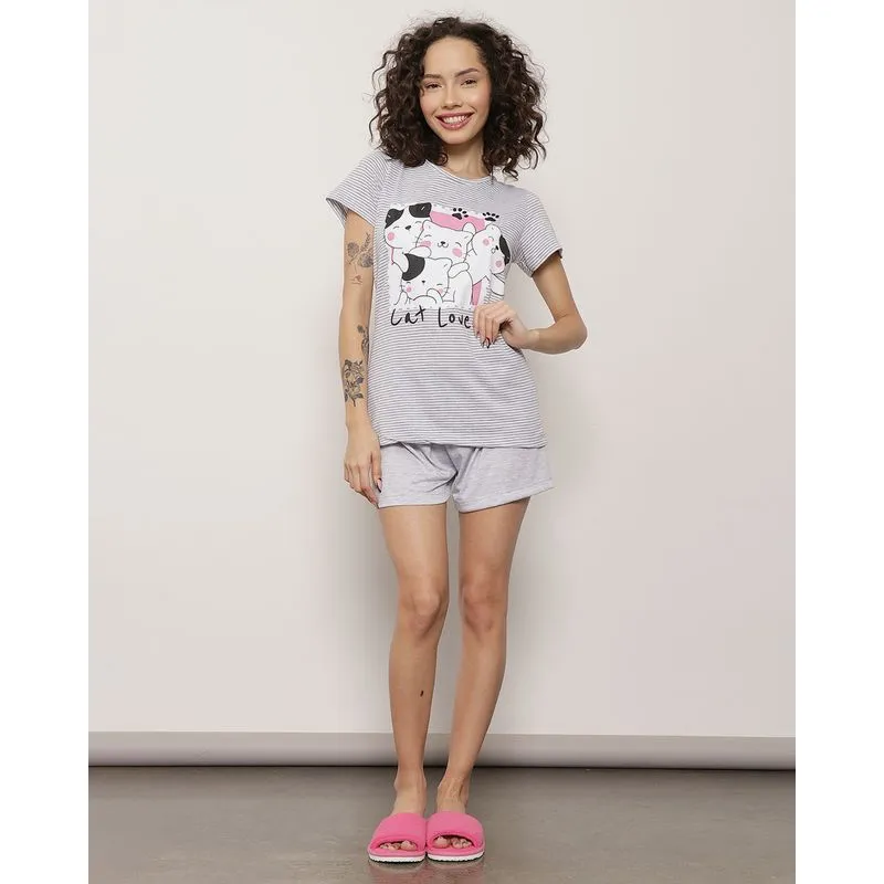 Pijama Feminino Curto Estampa Gatinho Cinza M