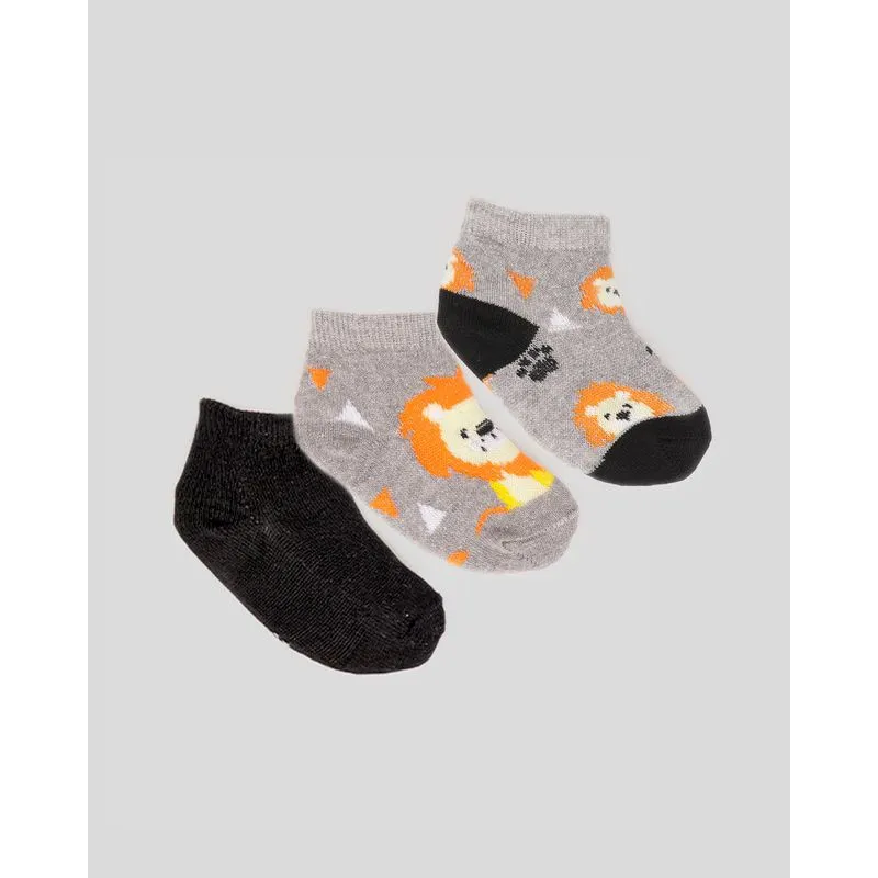Kit 3 Meias Bebê Menino Cano Baixo Estampa Leãozinho Cinza Mescla Preto 19 A 21