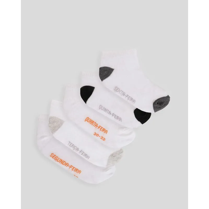 Kit 5 Meias Infantil Unissex Cano Médio Estampa Dias da Semana Branco 26 A 29