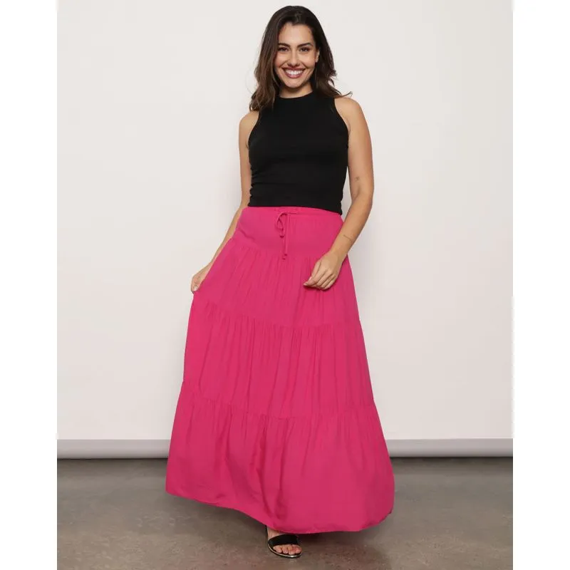 Saia Longa Feminina Berry & Co. Viscose Babados Rosa GG