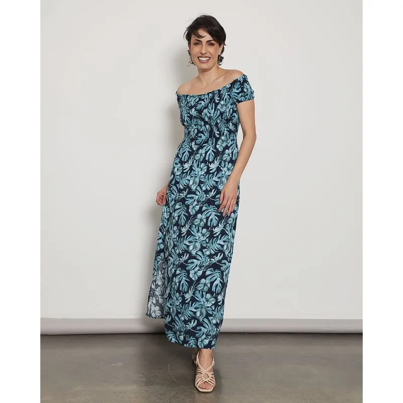 Vestido Feminino Longo Berry & Co. Lastex com Fenda Azul P