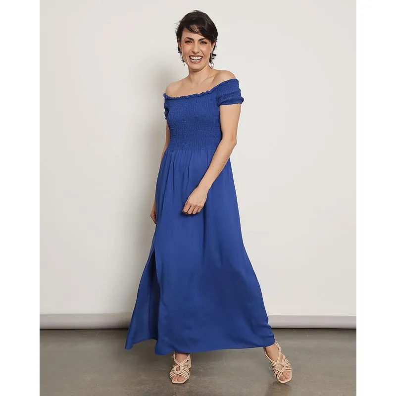 Vestido Feminino Longo Berry & Co. Lastex com Fenda Azul M