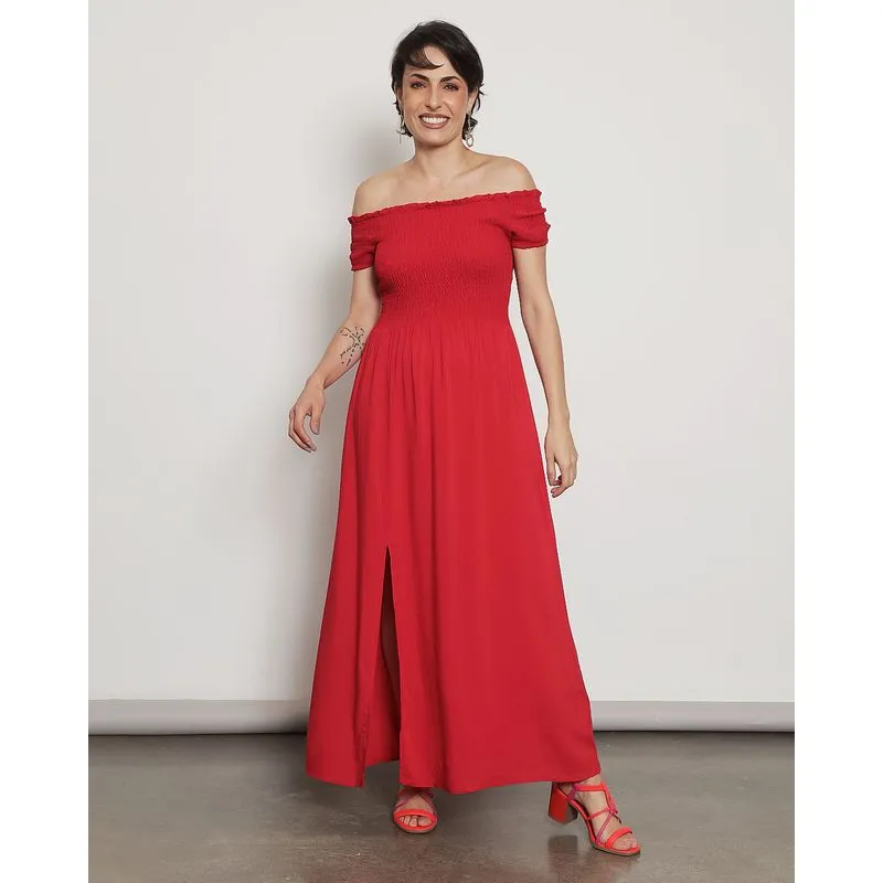 Vestido Feminino Longo Lastex Com Fenda Vermelho GG