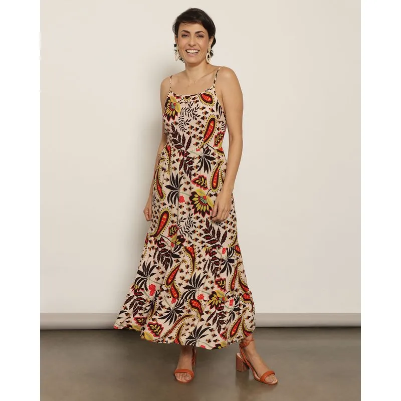 Vestido Feminino Alcinha Midi Viscose Estampado Bege P