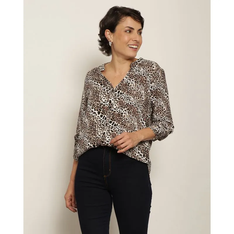 Camisa Feminina Berry & Co. Viscose Estampada Bege P