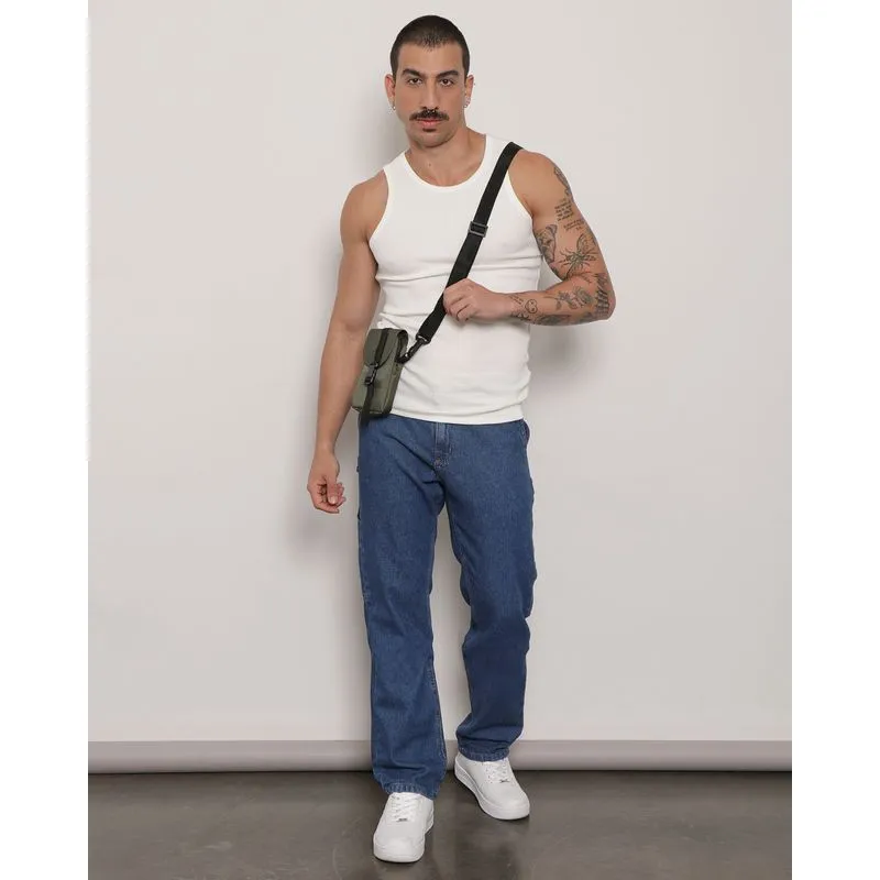 Calça Jeans Masculina Reta Com Bolsos Azul 42