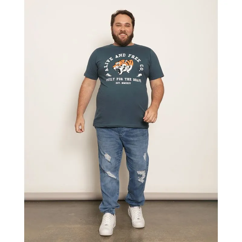 Calça Jeans Plus Size Masculina Jogger Destroyed Com Elastico Azul 52