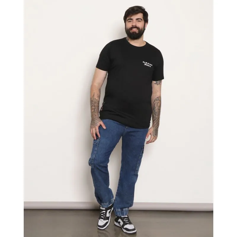 Calça Jeans Plus Size Masculino Jogger Com Bolso Cargo Azul 48