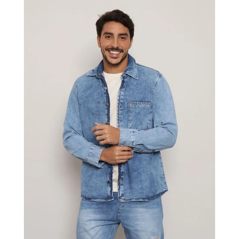 Camisa Jeans Masculina Manga Longa Estonada Bolso Estonado Azul P