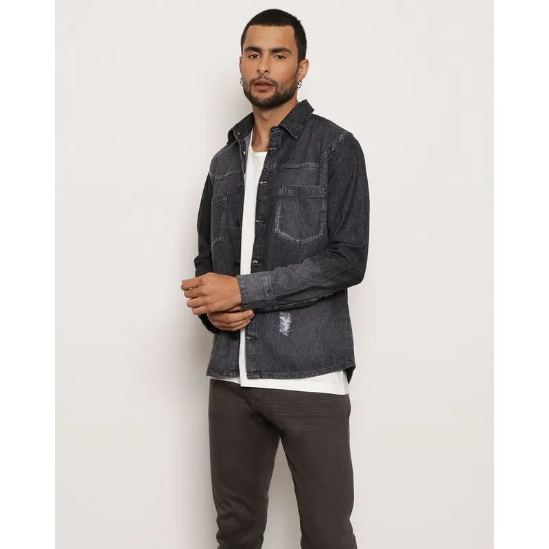 Camisa Jeans Masculina Estonada Preta P