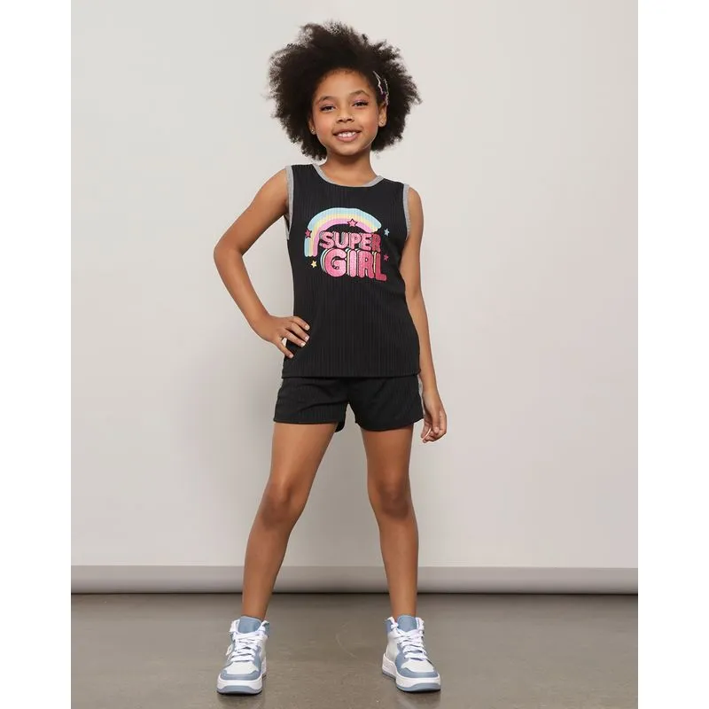 Conjunto Infantil Regata Canelado Com Recortes Preto 10