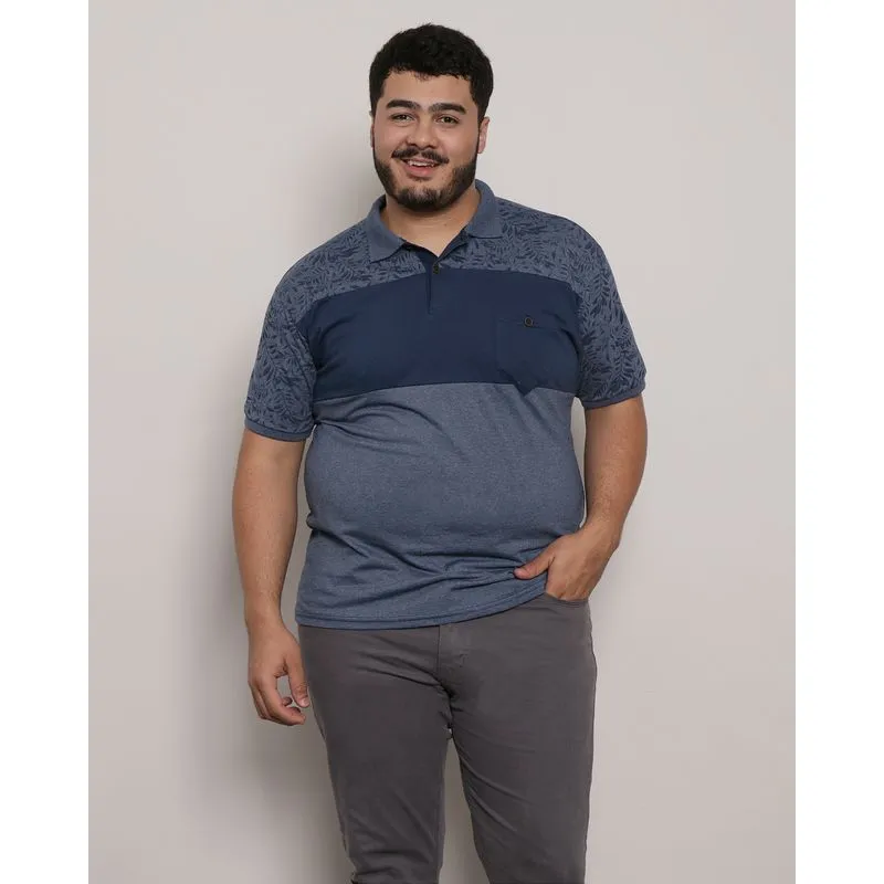 Polo Plus Size Masculina Manga Curta Recortes Folhagem Marinho G3