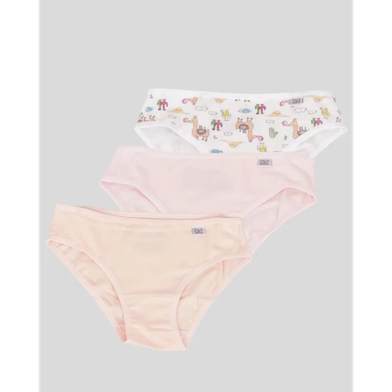 Kit 3 Calcinhas Infantil DelRio Biquini Estampa Lhama Branco Rosa Bege P