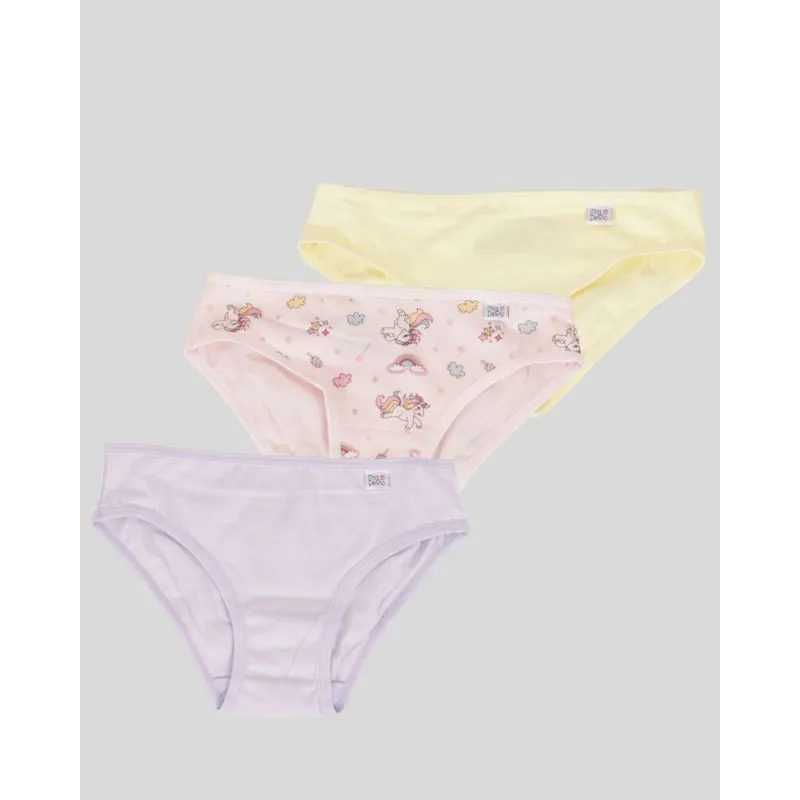 Kit 3 Calcinhas Infantil DelRio Biquini Estampa Unicórnio Rosa Lilás Amarelo G