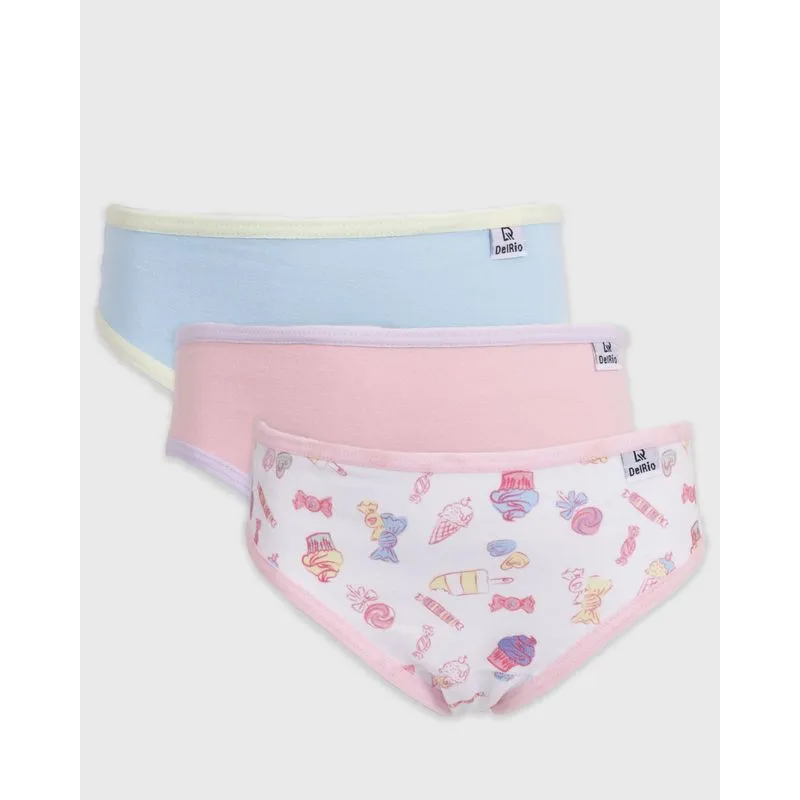 Kit 3 Calcinhas Biquíni Infantil DelRio Estampa Branco Rosa Azul GG