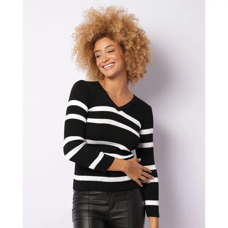 Blusa Feminina Tricô Decote V Listrada Preta P
