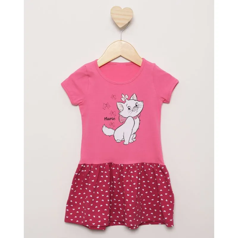 Vestido Bebê Manga Curta Estampa Marie Disney Rosa 1