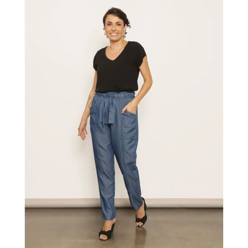 Calça Feminina Reta Berry & Co. Liocel com Elástico Azul Escuro M