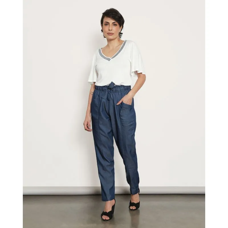 Calça Feminina Reta Berry & Co. Liocel com Elástico Azul P