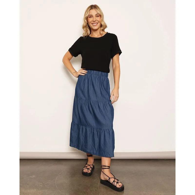 Saia Feminina Jeans Berry & Co. Midi Três Marias Azul P