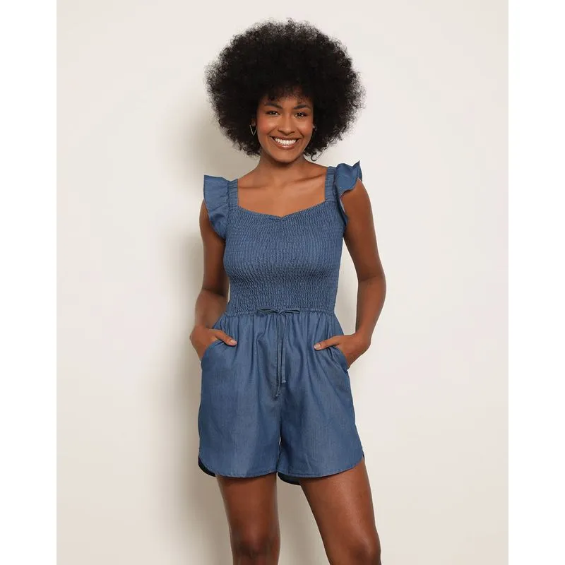 Macaquinho Feminino Curto Liocel Lastex Alça Com Babado Azul M