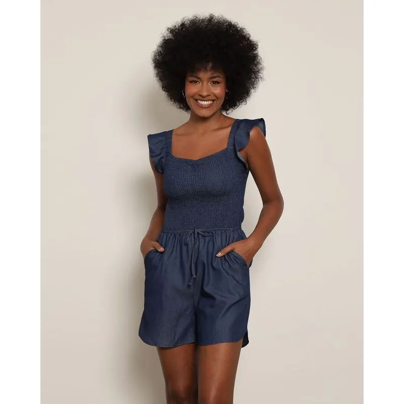 Macaquinho Feminino Curto Liocel Lastex Alça Com Babado Azul Escuro G