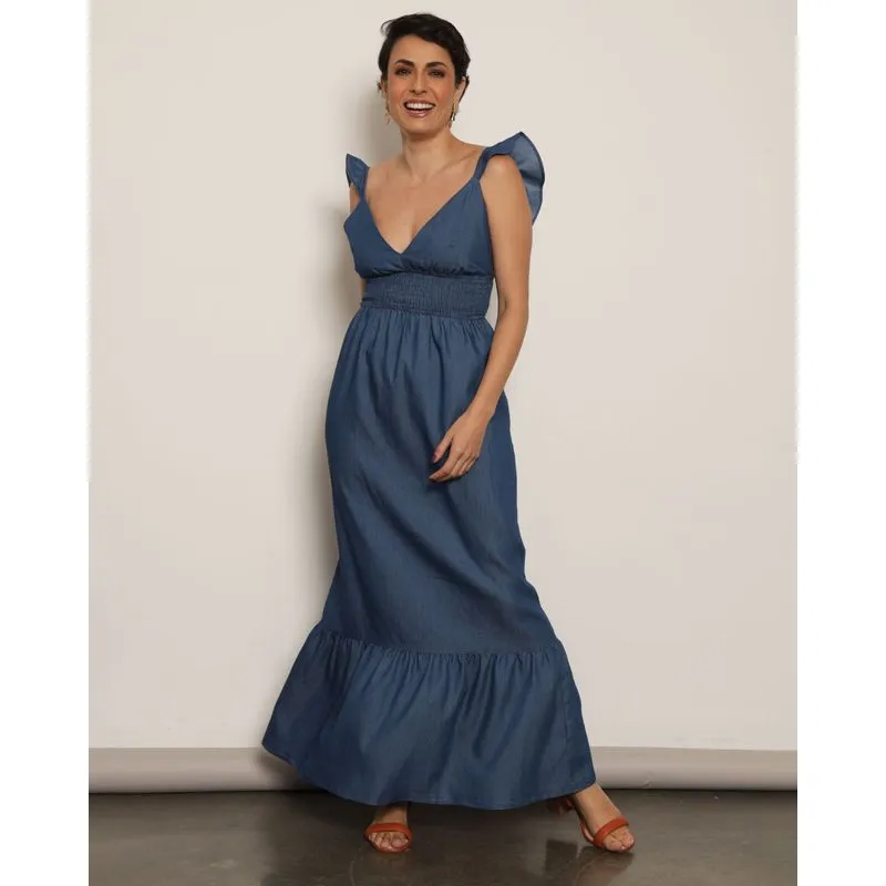 Vestido Feminino Berry & Co. Liocel Longo Lastex com Babado Azul M