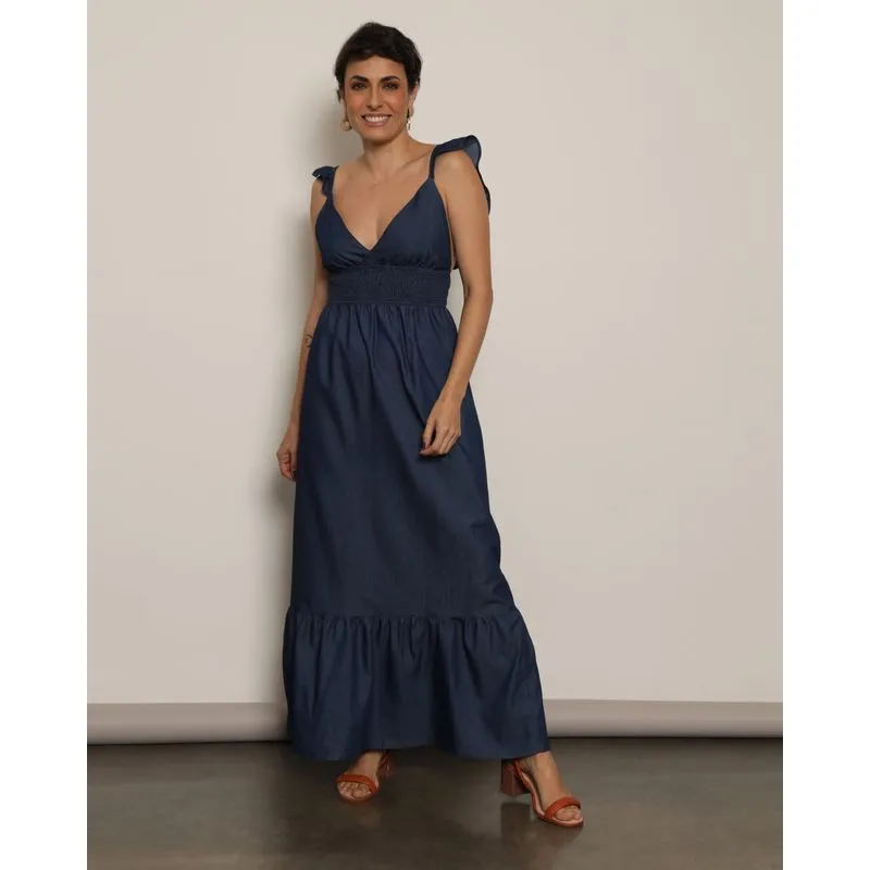 Vestido Feminino Berry & Co. Liocel Longo Lastex com Babado Azul GG