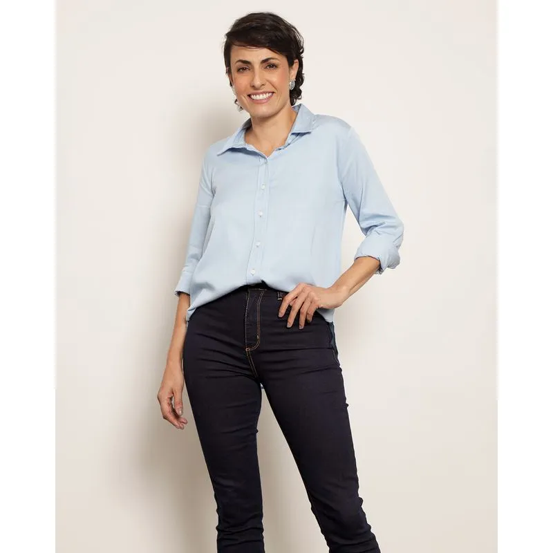 Camisa Feminina Berry & Co. Manga Longa Viscose Azul GG