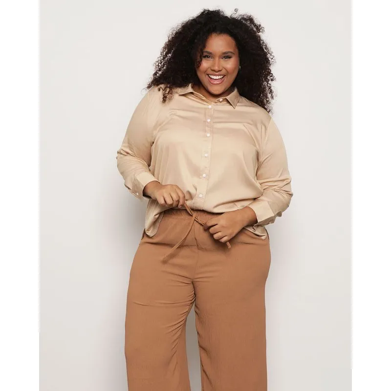Camisa Plus Size Feminino Berry & Co. Manga Longa Bege G3