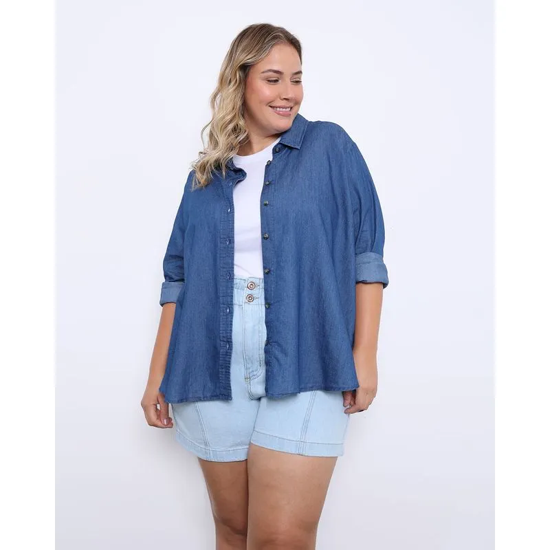 Camisa Jeans Feminina Plus Size Berry & Co. com Botões Azul G3