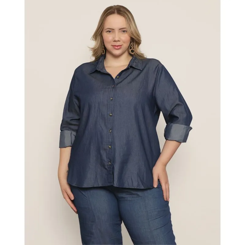 Camisa Plus Size Feminina Manga Longa Liocel Mullet Azul G1
