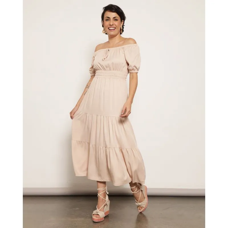 Vestido Feminino Midi Lastex Manga Curta Bege M