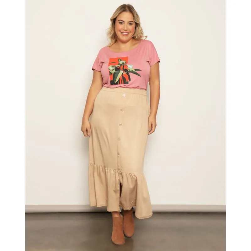 Saia Plus Size Feminina Três Marias Com Botão Decorativo Bege G2