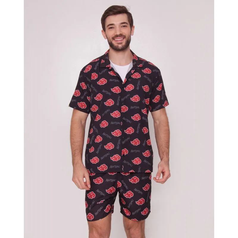 Camisa Masculina Estampada Nuvem Naruto Manga Curta Preta P