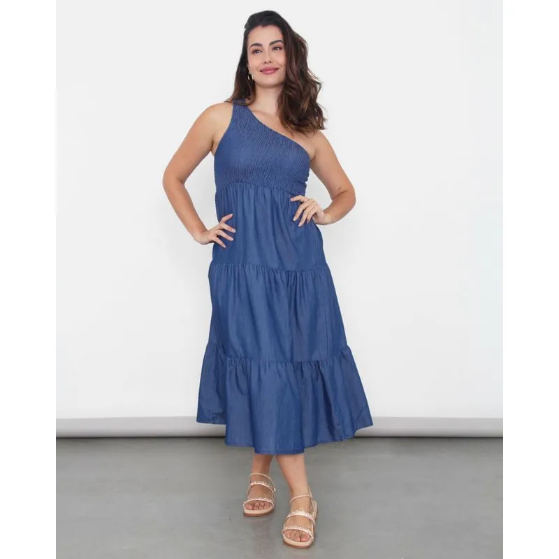 Vestido Jeans Berry & Co. Feminino Ombro Longo Azul Escuro M