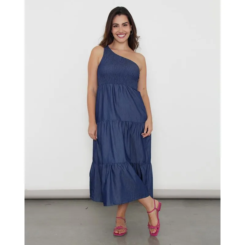 Vestido Jeans Berry & Co. Feminino Ombro Longo Azul GG