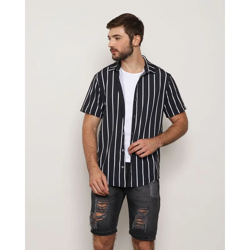 Camisa Masculina Listrada Manga Curta Preta M