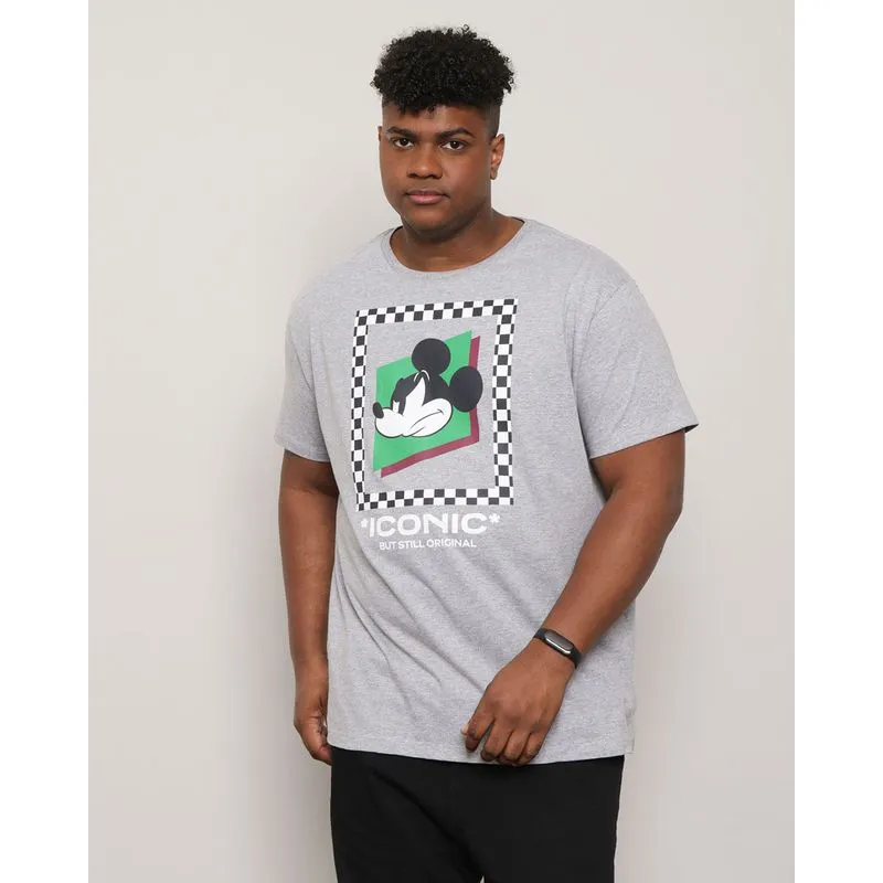 Camiseta Plus Size Masculina Manga Curta Disney Mickey Cinza G2