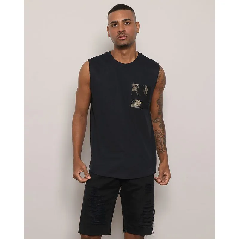 Regata Masculina Moletinho com Bolso Estampado Preta GG