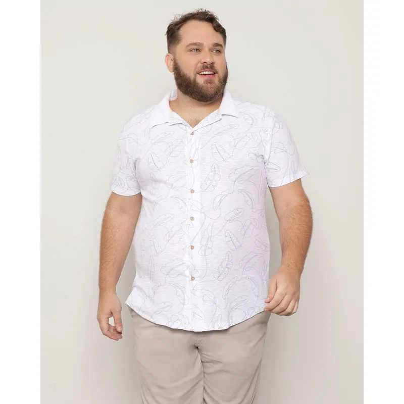 Camisa Pluz Size Masculina Estampada Folhas Branca G2