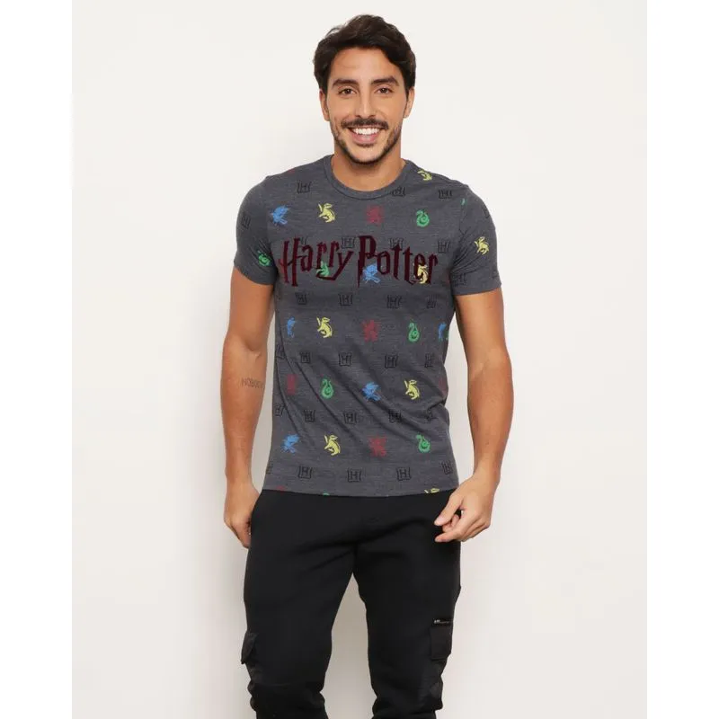 Camiseta Masculina Manga Curta Harry Potter Cinza G