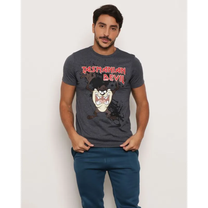 Camiseta Masculina Looney Tunes Manga Curta Taz Cinza P