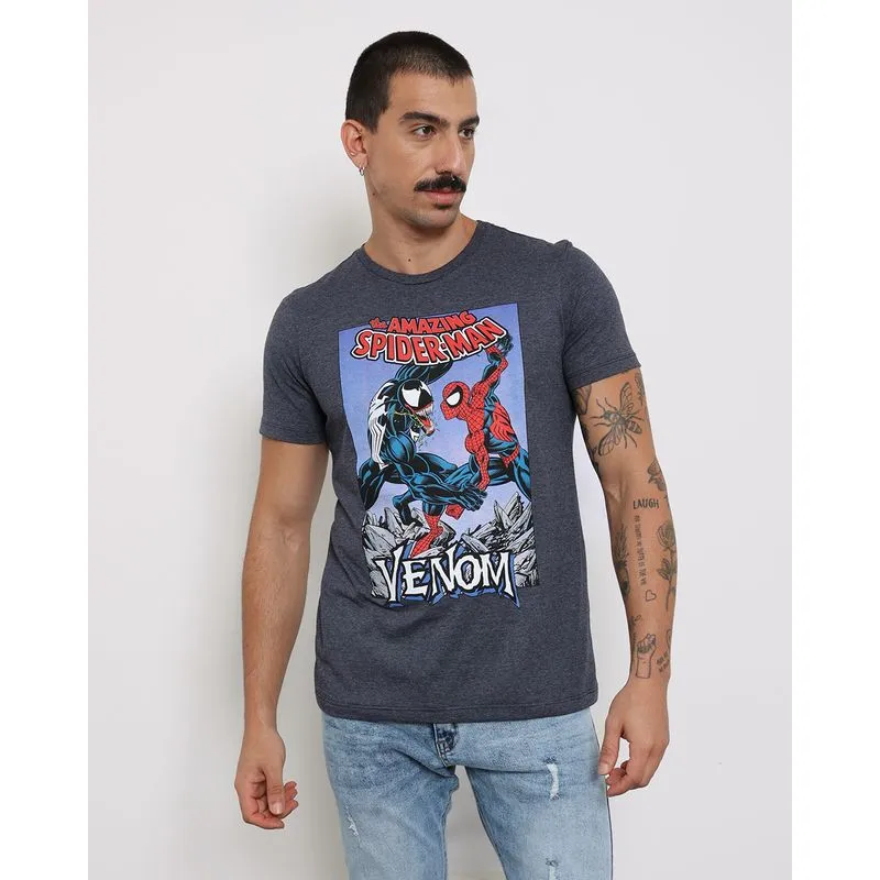 Camiseta Masculina Marvel Homem-Aranha E Venom Manga Curta Gola Careca Cinza Escuro GG
