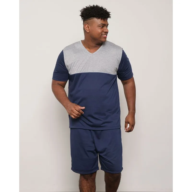 Pijama Plus Size Masculino Curto Recorte Azul G1